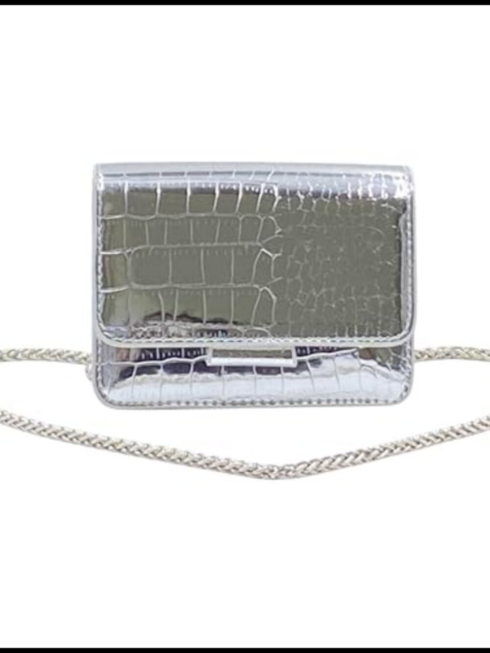 Silver Crossbody Mini Bag PU Crocodile Pattern Chain Strap Clutch Purse